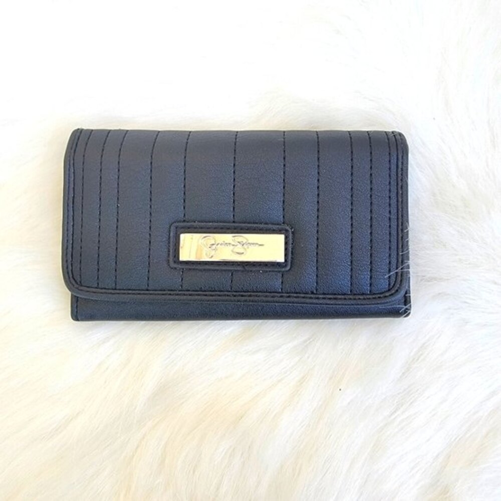 Jessica Simpson black Faux Leather Snap Wallet- Cheetah Inside.